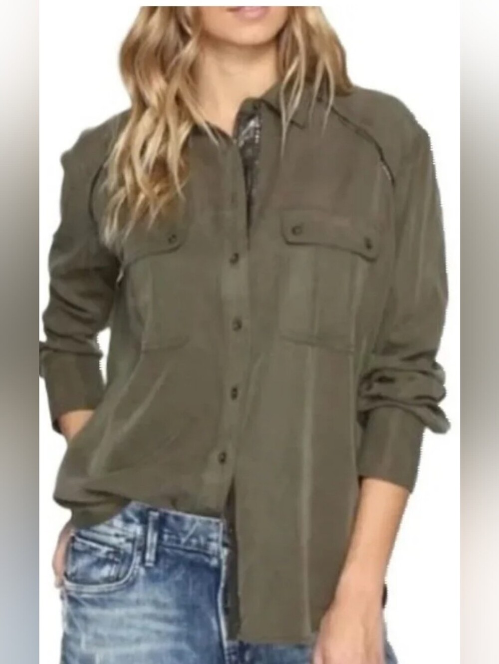 Free People Off Campus Moss Green Metallic Shirt Sz. M - Picture 2 of 14